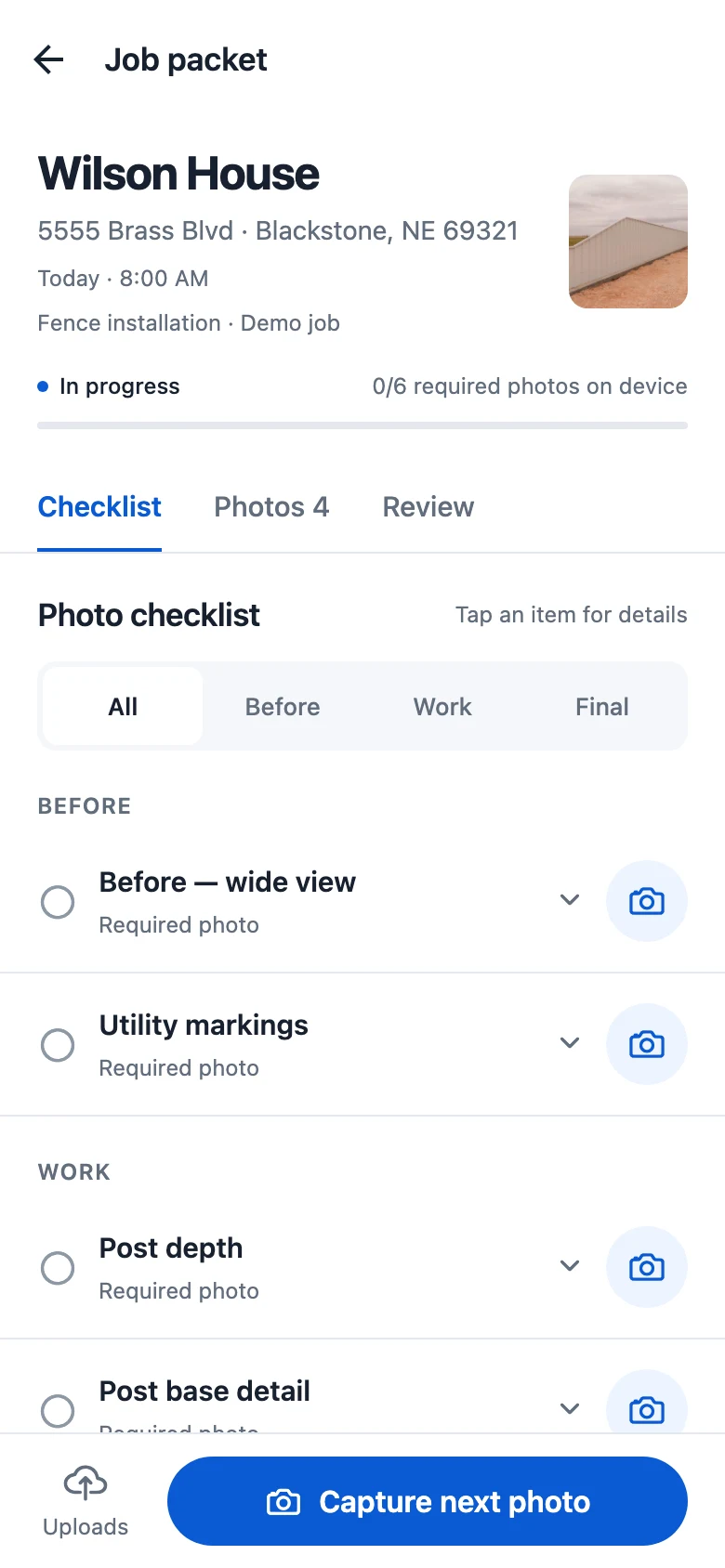 Actual JobPacket demo screen showing the required photo checklist
