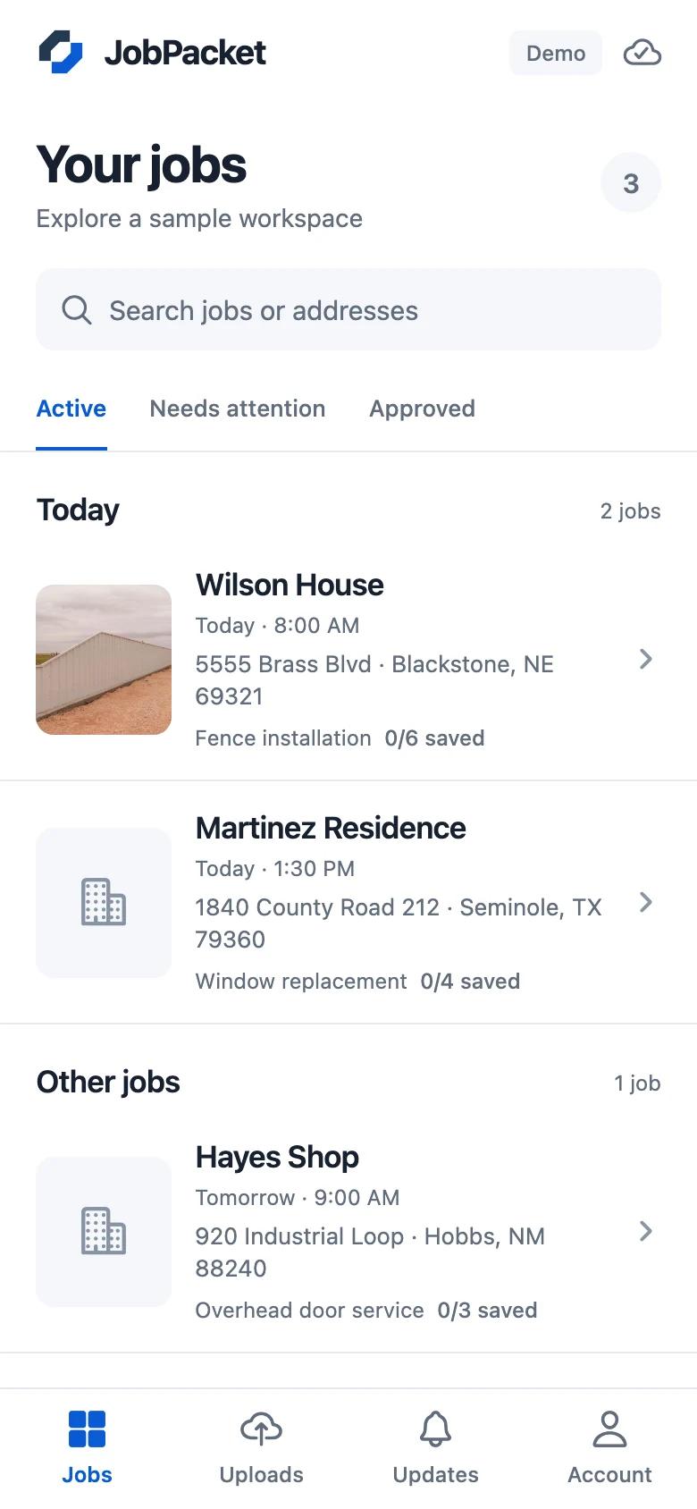 Actual JobPacket demo screen showing assigned jobs